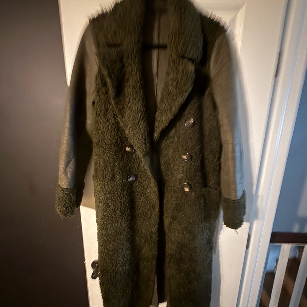 Zara Dark Green Teddy Jacket with Leather Sleeves